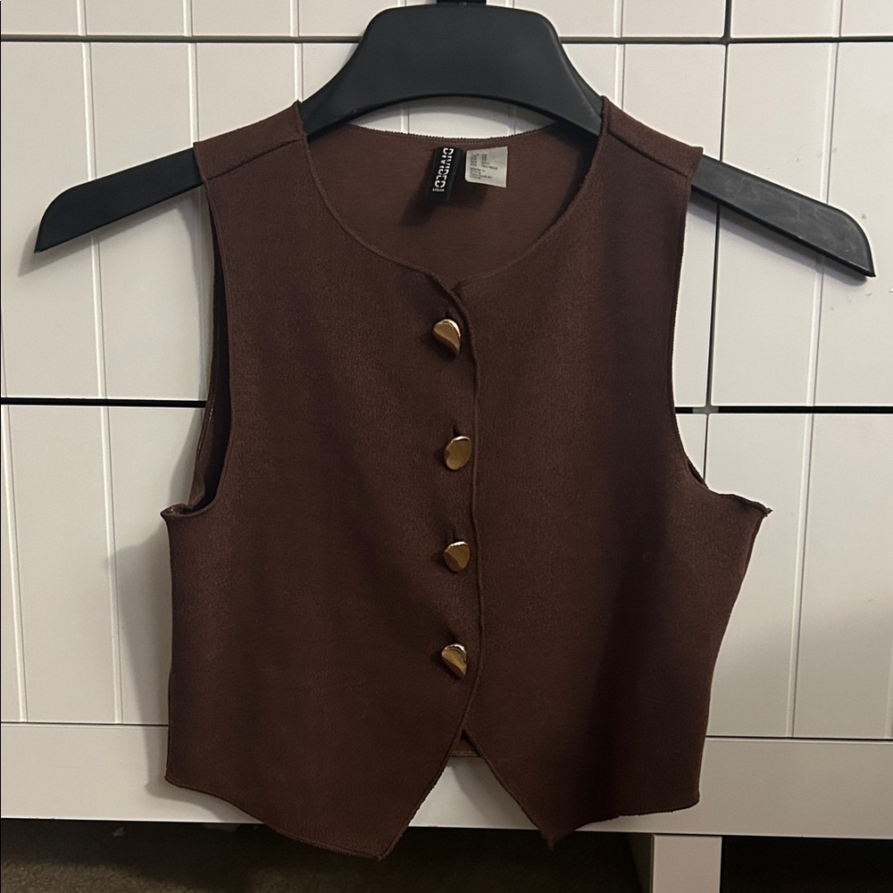Brown Button-Front Knit Vest with Gold Buttons